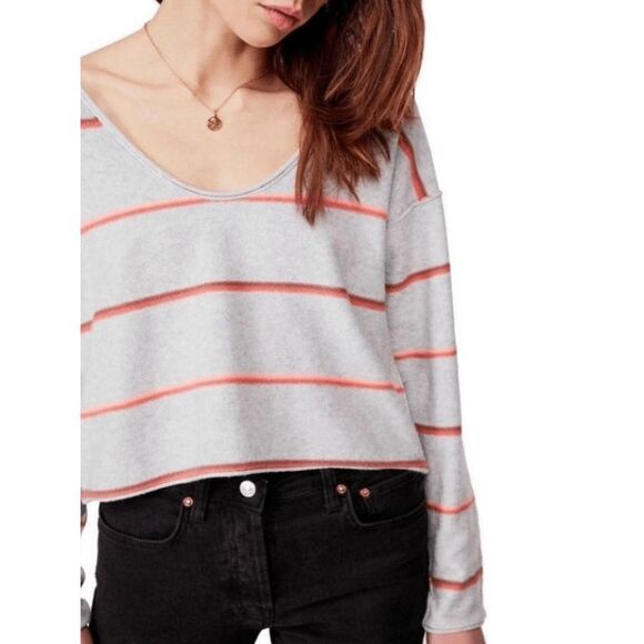 NEW Free People Women’s XS Make You Mine Grey Orange Stripe Sweater - Picture 2 of 5